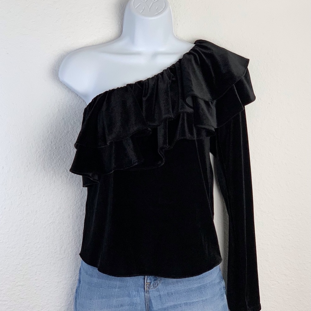 Misa Los Angeles Black Mielle Velvet One Shoulder Ruffle Top Sz M